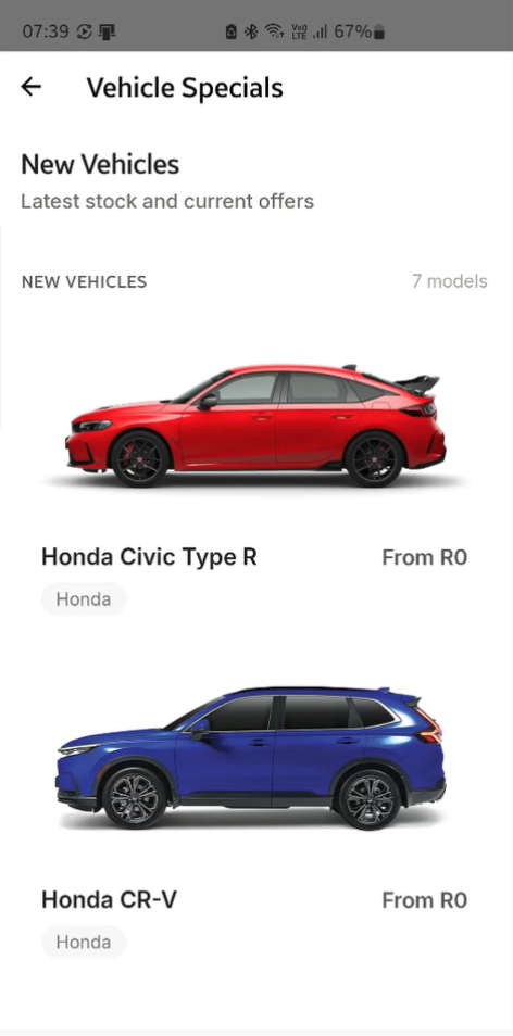 SmartLife Vehicle Specials screen showing new Honda models, current stock and offers