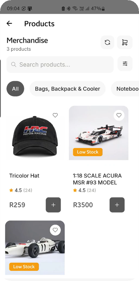 SmartLife Products screen showing automotive merchandise, ratings, prices and low-stock notices