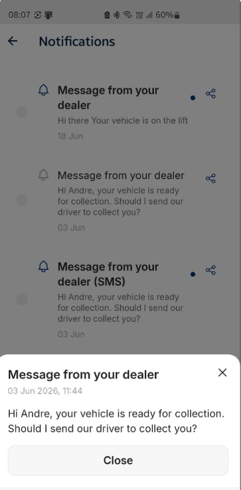 SmartLife Notifications screen with a dealership message confirming that a vehicle is ready for collection